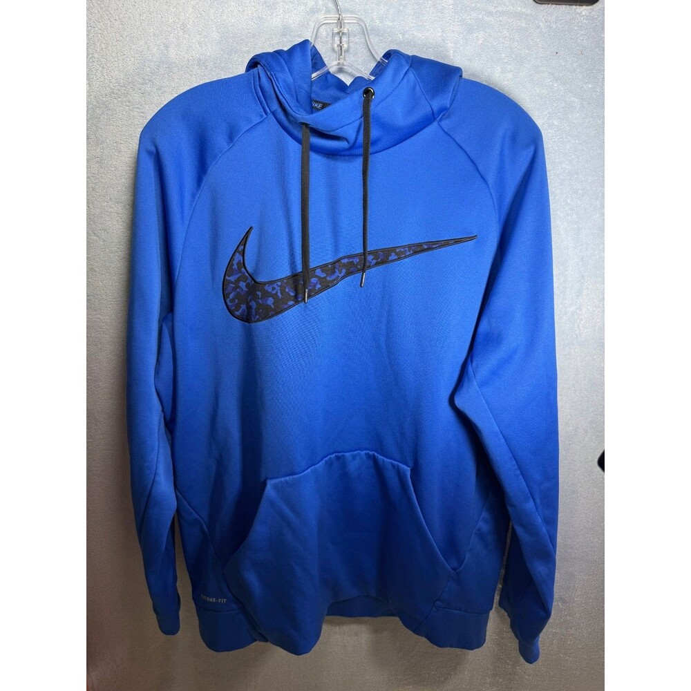 NIKE Mens Hoodie Sweatshirt--Large Royal Blue Center Black Swoosh ThermaFit